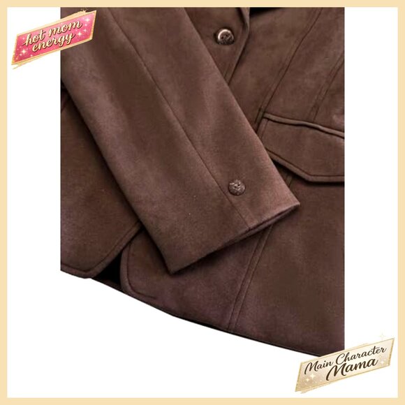 Vintage Faux Suede Blazer Slim Fit Open Front Lapel Jacket Work Casual Chic - Picture 5 of 6